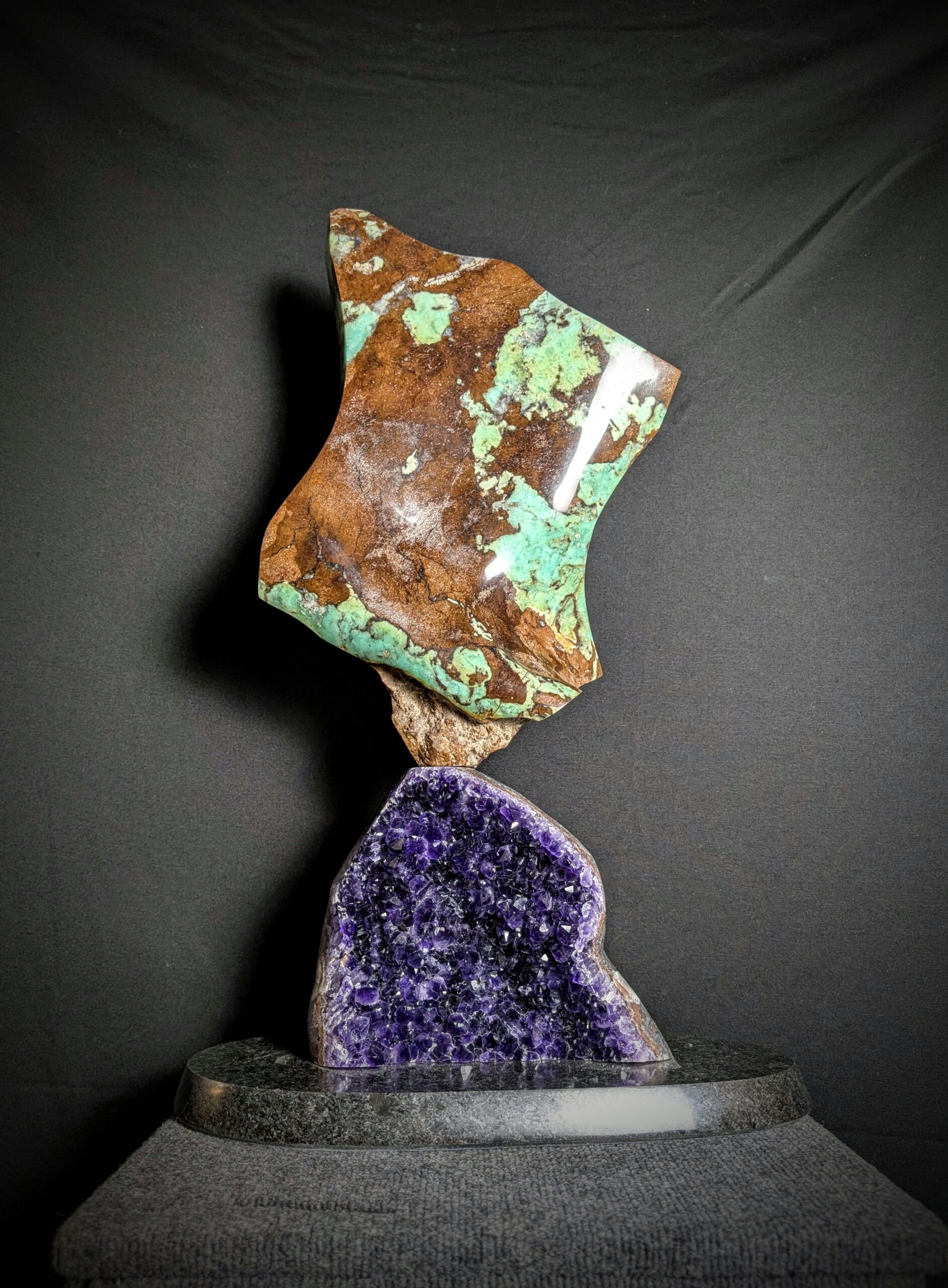 Chyrsophrase sculpture mounted on Amethyst